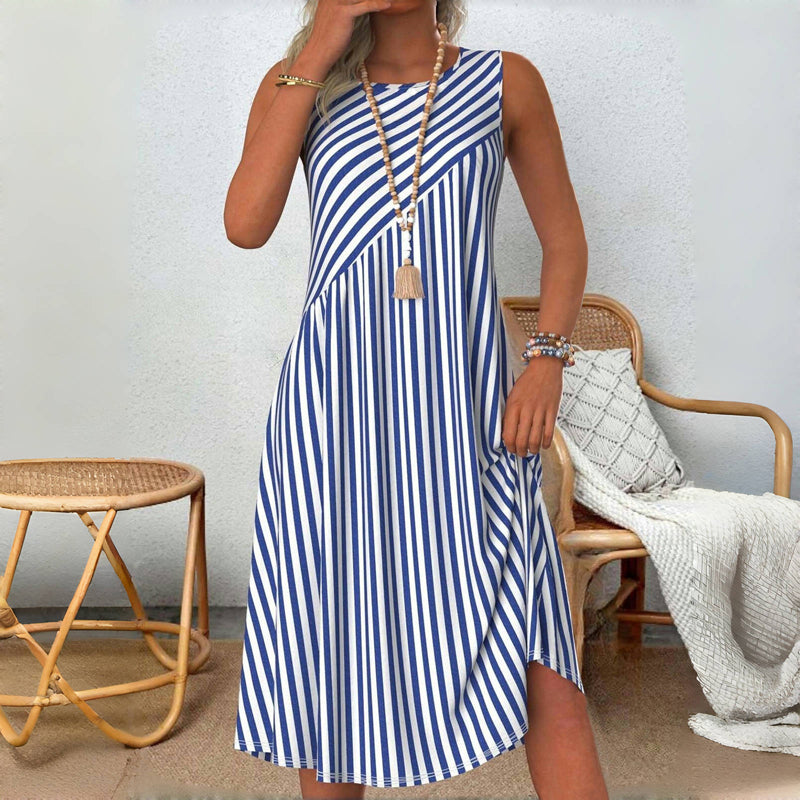 Women's Linen Blend Sleeveless Striped A Line Midi Dress