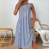 Women's Linen Blend Sleeveless Striped A Line Midi Dress