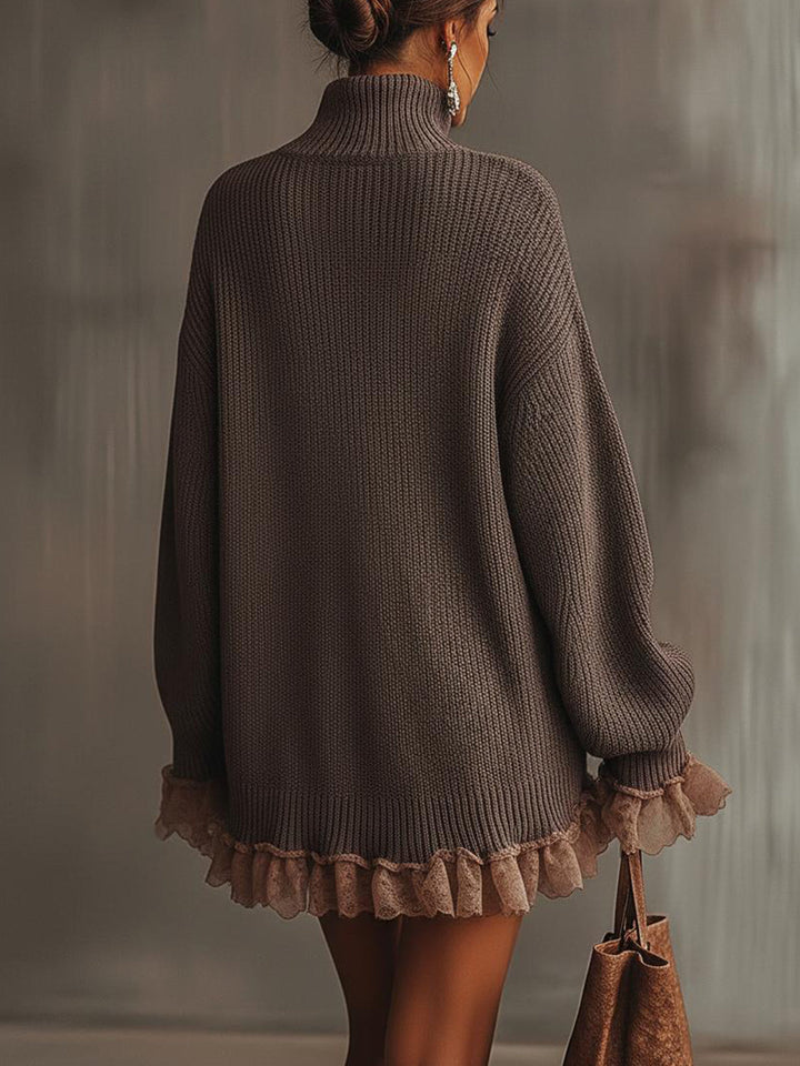 Women's Knit Oversized Turtleneck Ruffle Sweater Mini Dress