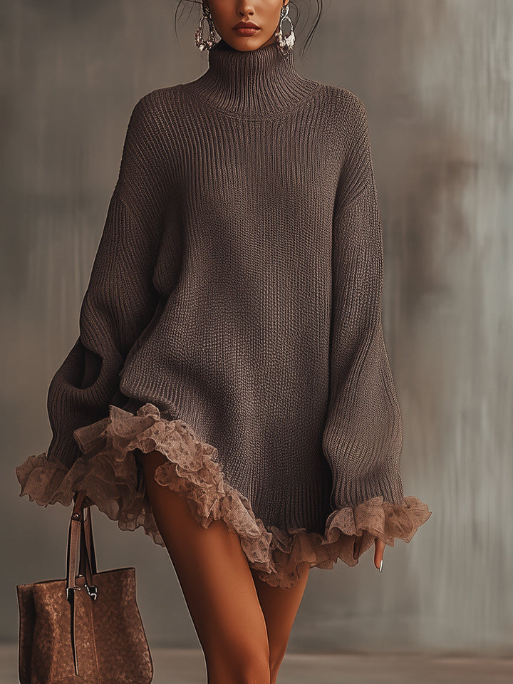Women's Knit Oversized Turtleneck Ruffle Sweater Mini Dress