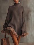 Women's Knit Oversized Turtleneck Ruffle Sweater Mini Dress