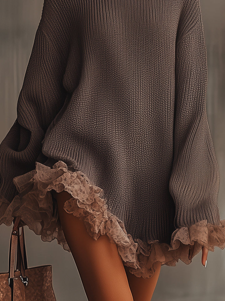 Women's Knit Oversized Turtleneck Ruffle Sweater Mini Dress