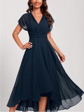 Women's Chiffon V Neck A Line Evening Midi Dress