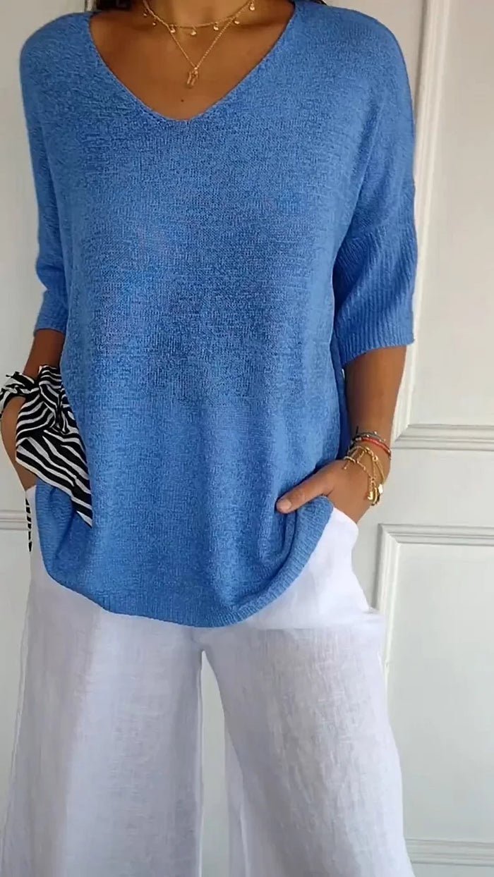 Pull-over en maille pour femme à col en V, pull-over tricoté, haut en maille