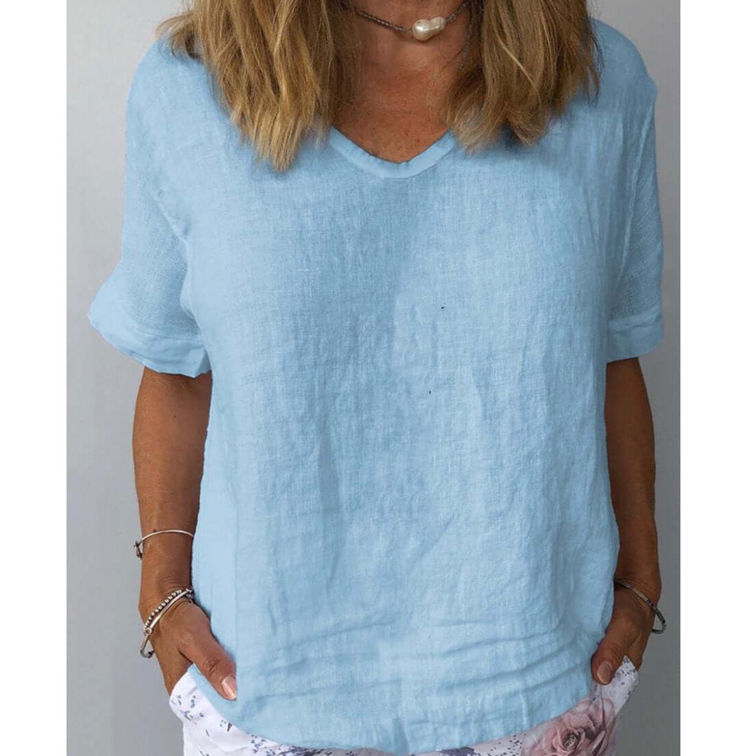 Women's V Neck Short Sleeve Linen Blouse Loose Casual Tee T Shirt