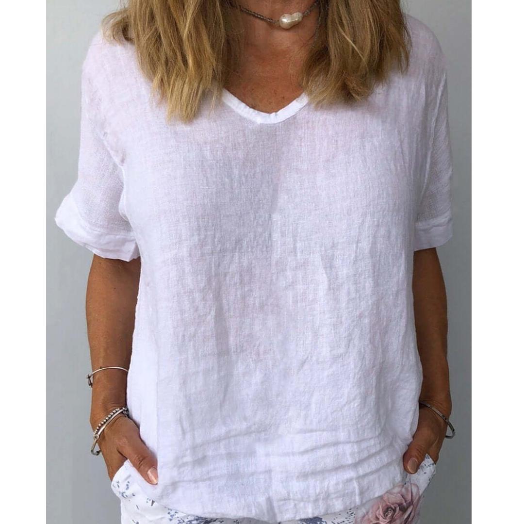 Women's V Neck Short Sleeve Linen Blouse Loose Casual Tee T Shirt