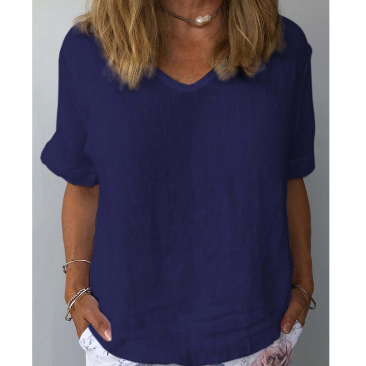 Women's V Neck Short Sleeve Linen Blouse Loose Casual Tee T Shirt