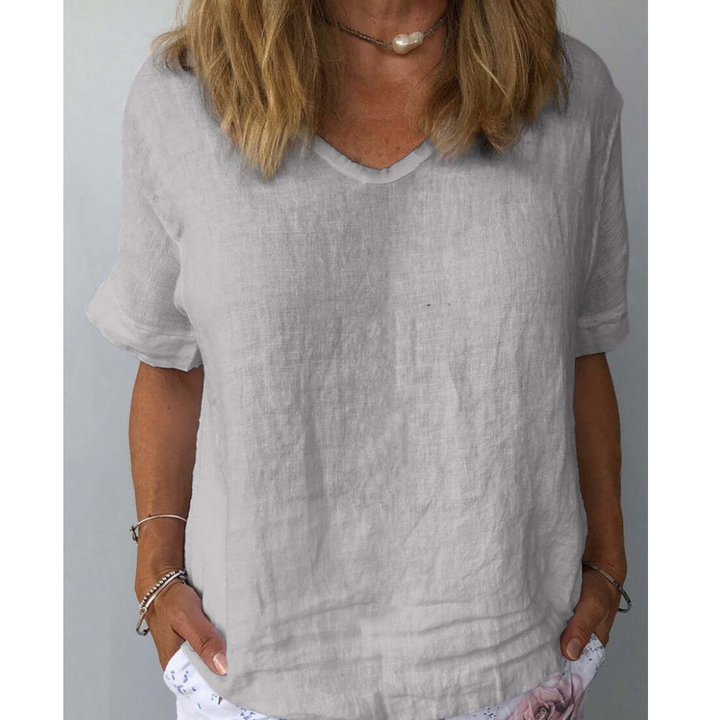 Women's V Neck Short Sleeve Linen Blouse Loose Casual Tee T Shirt