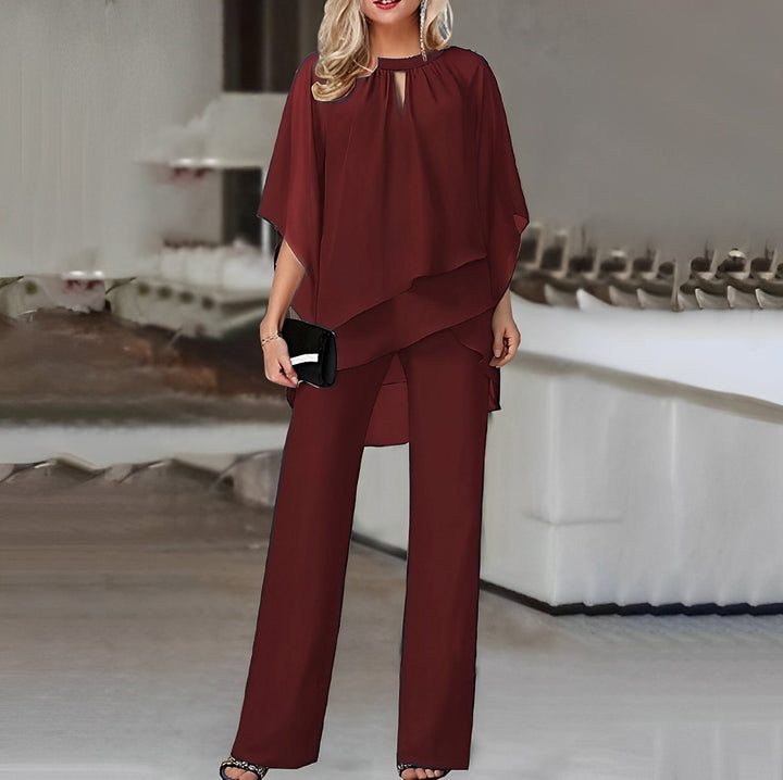 Women's Chiffon Keyhole-Neck Two-Piece Pant Set