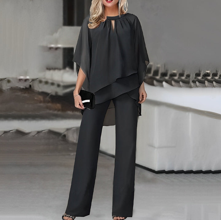 Women's Chiffon Keyhole-Neck Two-Piece Pant Set