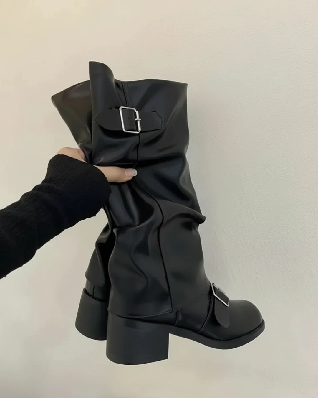 Women's Leather Knee High Slouch Boots Buckle Mid Block Heel