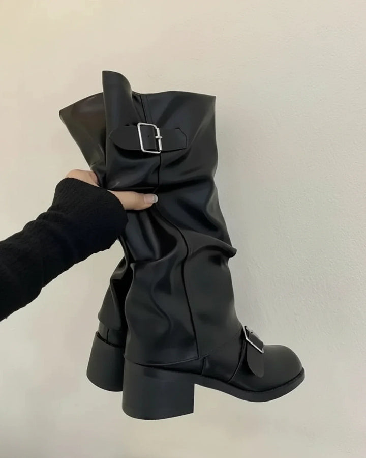 Women's Leather Knee High Slouch Boots Buckle Mid Block Heel