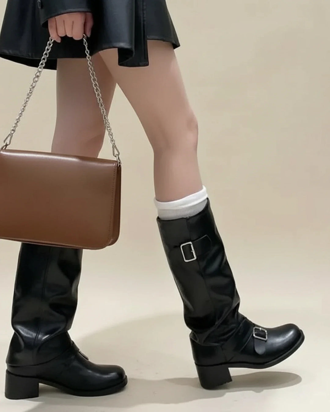 Women's Leather Knee High Slouch Boots Buckle Mid Block Heel