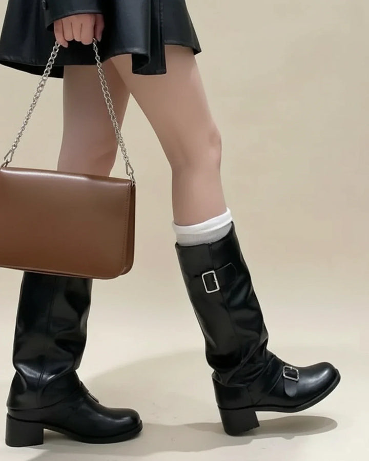 Women's Leather Knee High Slouch Boots Buckle Mid Block Heel