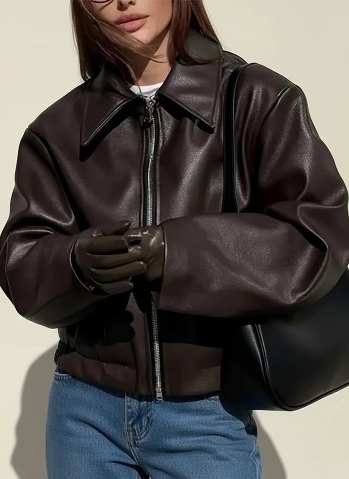 Dámská kožená bunda biker bomber s oversized střihem a zipem