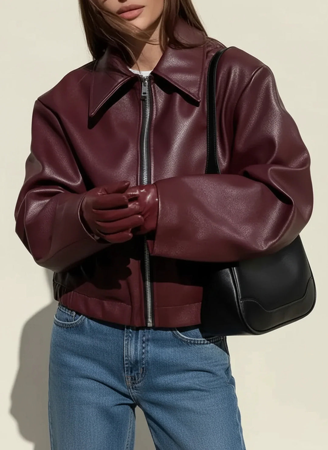 Dámská kožená bunda biker bomber s oversized střihem a zipem