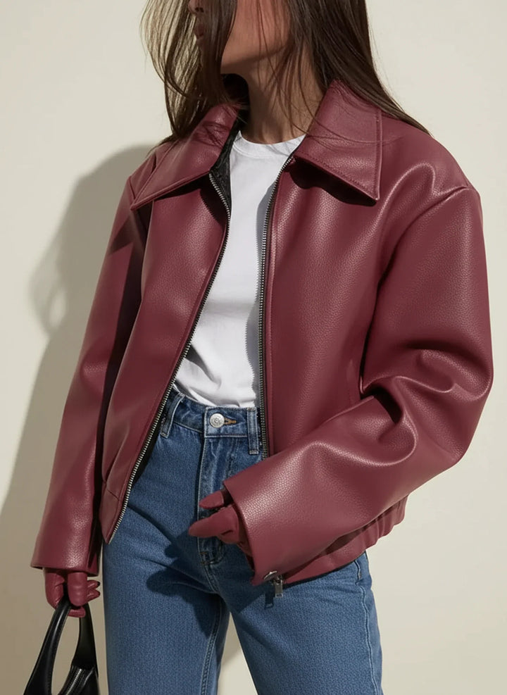 Dámská kožená bunda biker bomber s oversized střihem a zipem