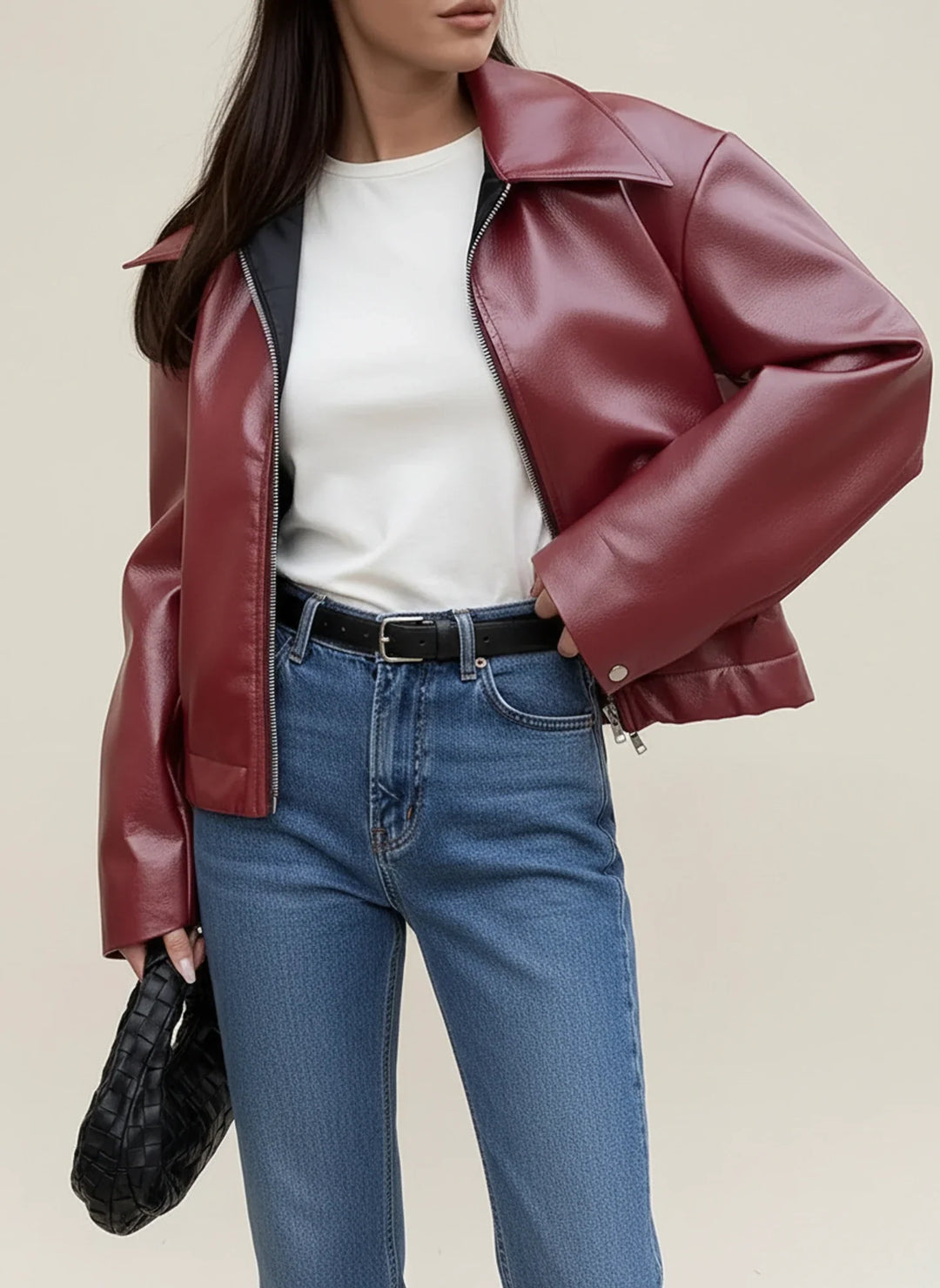 Dámská kožená bunda biker bomber s oversized střihem a zipem