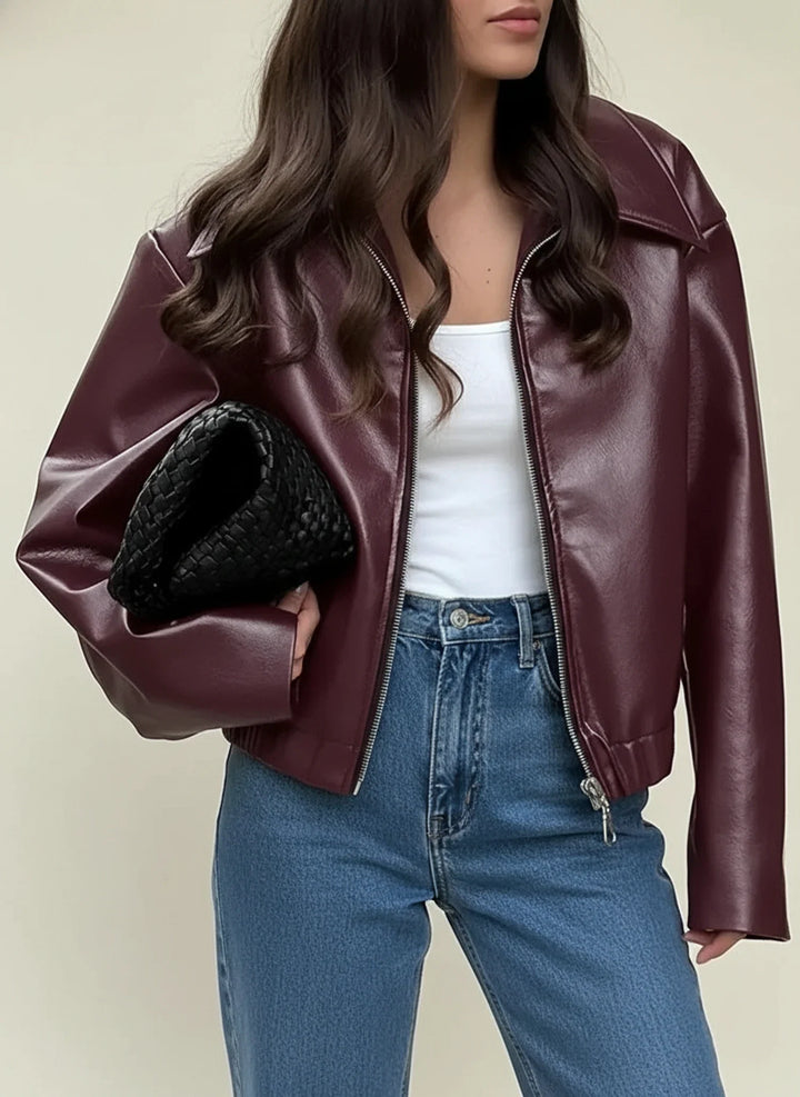 Dámská kožená bunda biker bomber s oversized střihem a zipem
