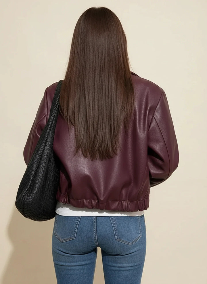 Dámská kožená bunda biker bomber s oversized střihem a zipem