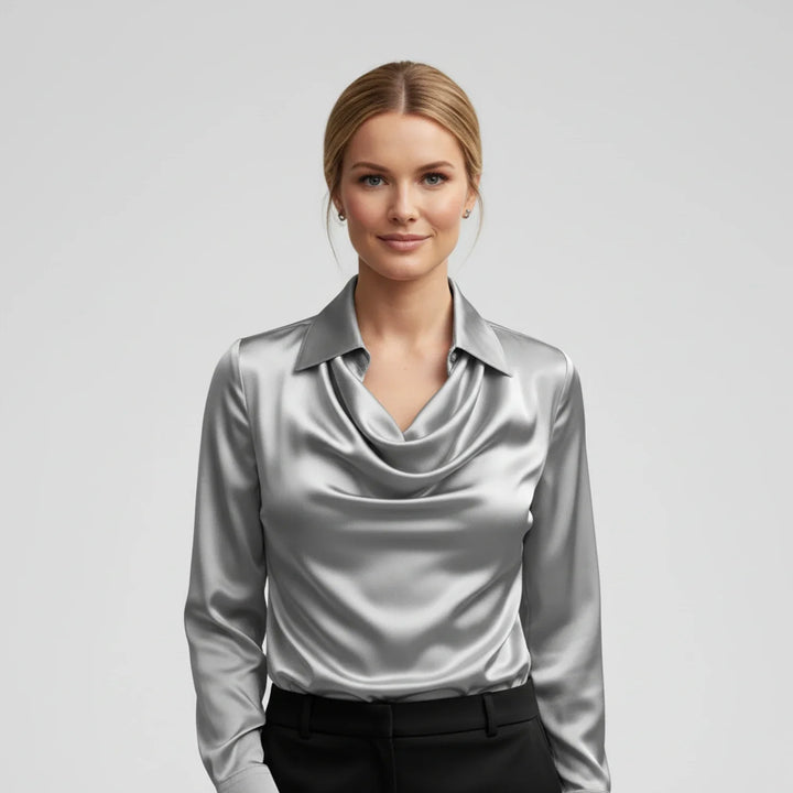 Women's Satin Cowl Neck Long Sleeve Blouse Collar Shirt