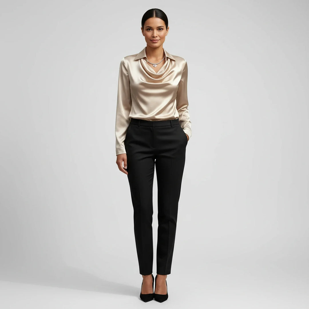 Women's Satin Cowl Neck Long Sleeve Blouse Collar Shirt