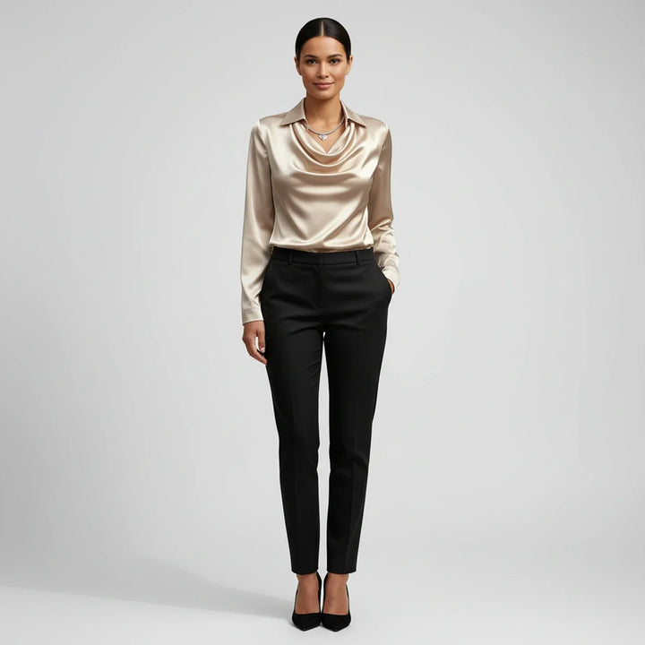 Women's Satin Cowl Neck Long Sleeve Blouse Collar Shirt