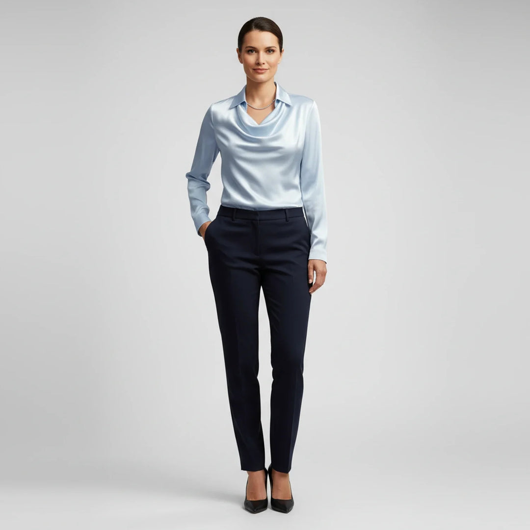 Women's Satin Cowl Neck Long Sleeve Blouse Collar Shirt