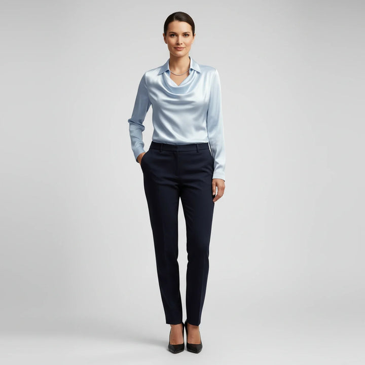 Women's Satin Cowl Neck Long Sleeve Blouse Collar Shirt