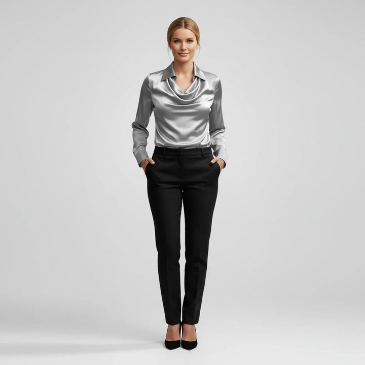 Women's Satin Cowl Neck Long Sleeve Blouse Collar Shirt