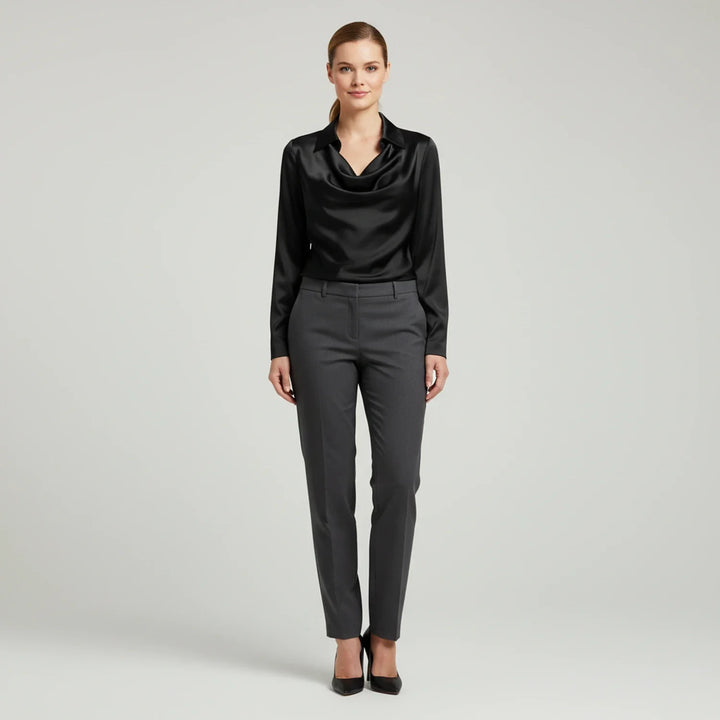 Women's Satin Cowl Neck Long Sleeve Blouse Collar Shirt