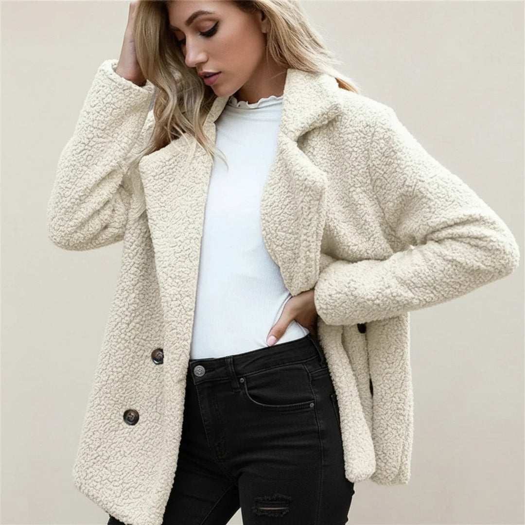 Veste teddy en polaire pour femme à double boutonnage, manteau en fausse fourrure