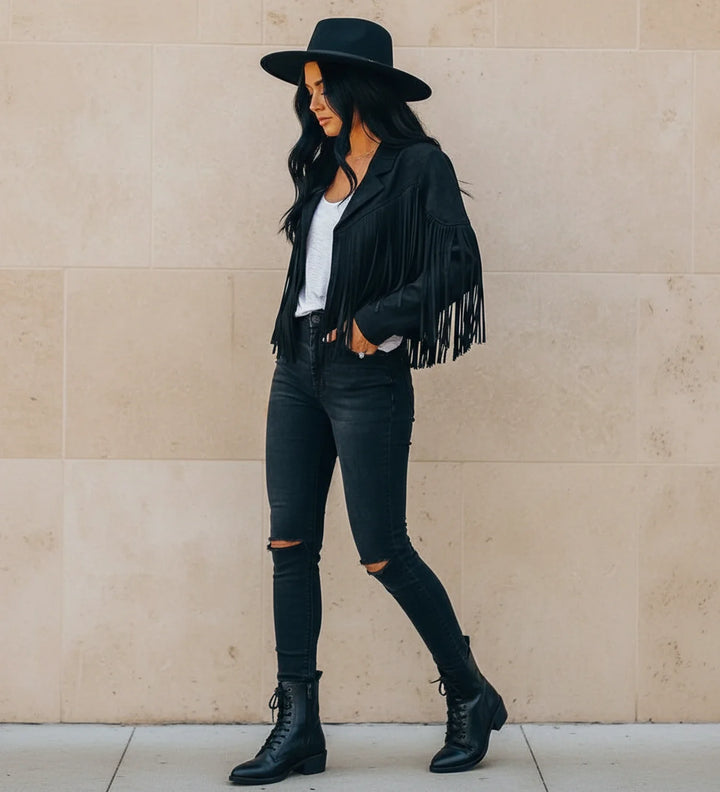 Women's Fringe Jacket Suede Biker Moto Cropped Coat