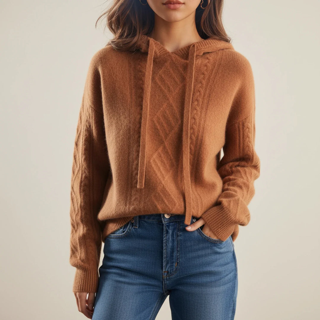 Women's Merino Wool Cable Knit Hoodie Sweater