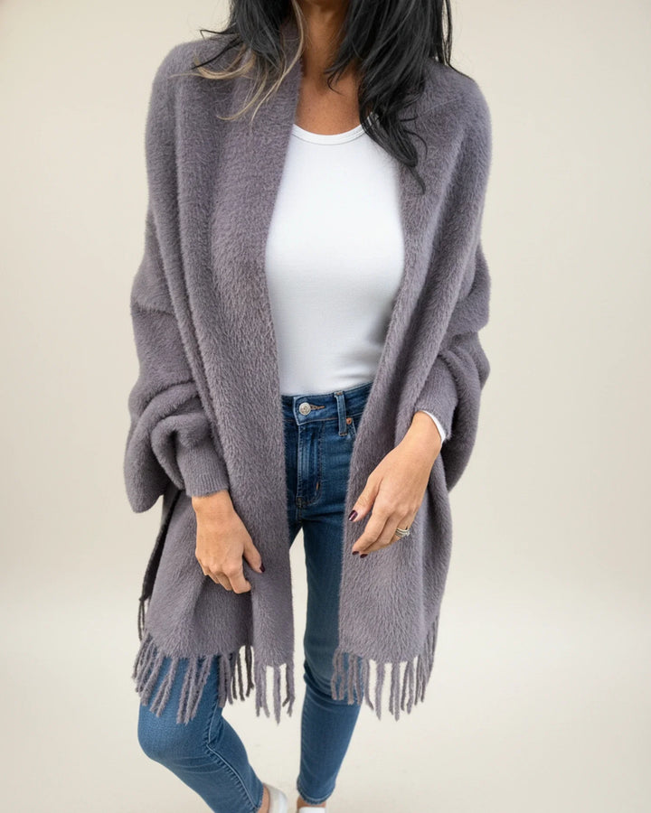 Women's Knit Longline Fringe Cardigan Open Front Sweater