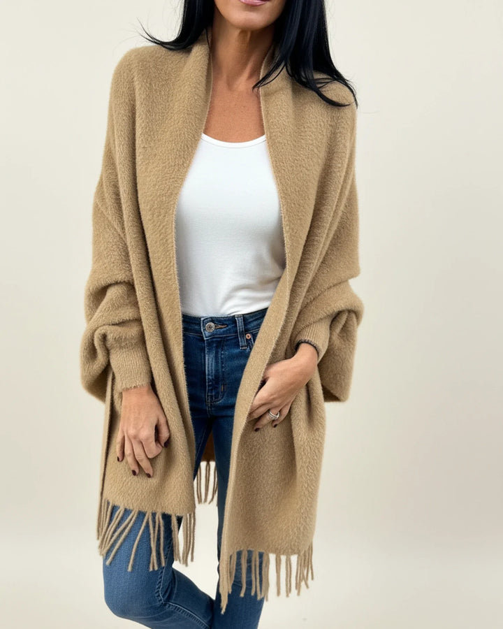 Women's Knit Longline Fringe Cardigan Open Front Sweater