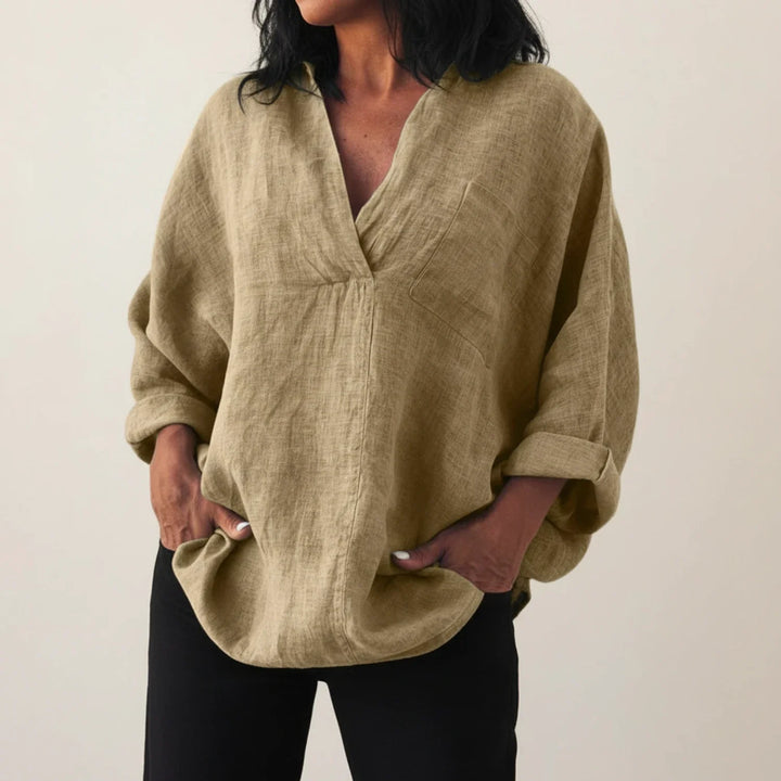Women's Linen Blouse V-Neck Long Sleeve Shirt Top