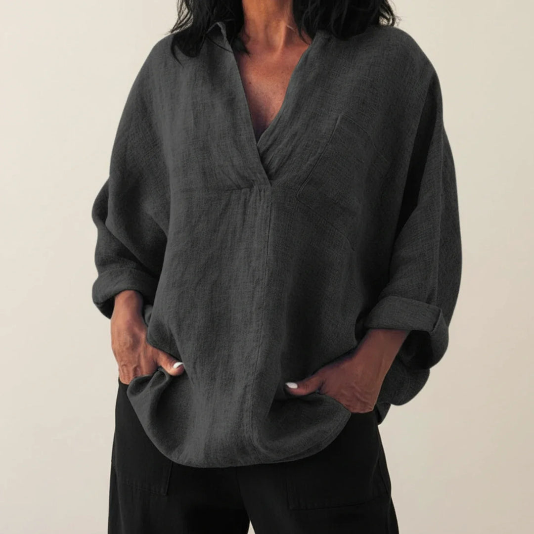 Women's Linen Blouse V-Neck Long Sleeve Shirt Top