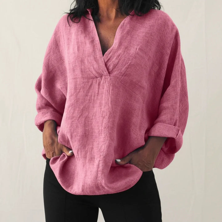 Women's Linen Blouse V-Neck Long Sleeve Shirt Top