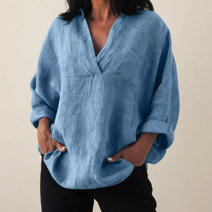 Women's Linen Blouse V-Neck Long Sleeve Shirt Top