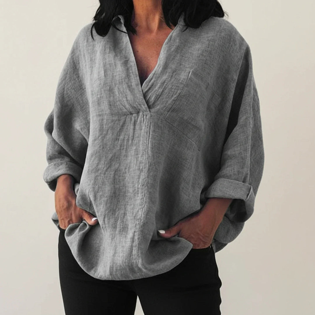 Women's Linen Blouse V-Neck Long Sleeve Shirt Top
