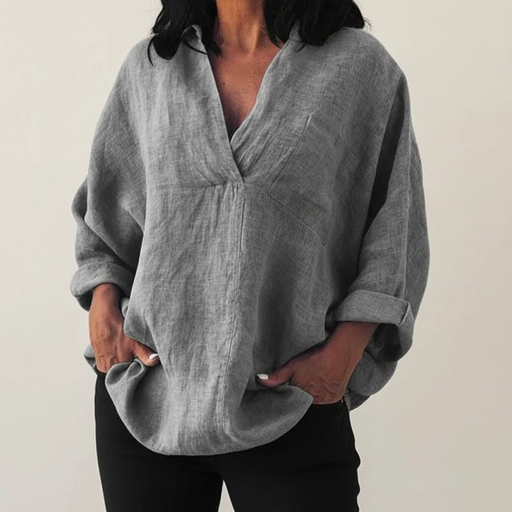 Women's Linen Blouse V-Neck Long Sleeve Shirt Top