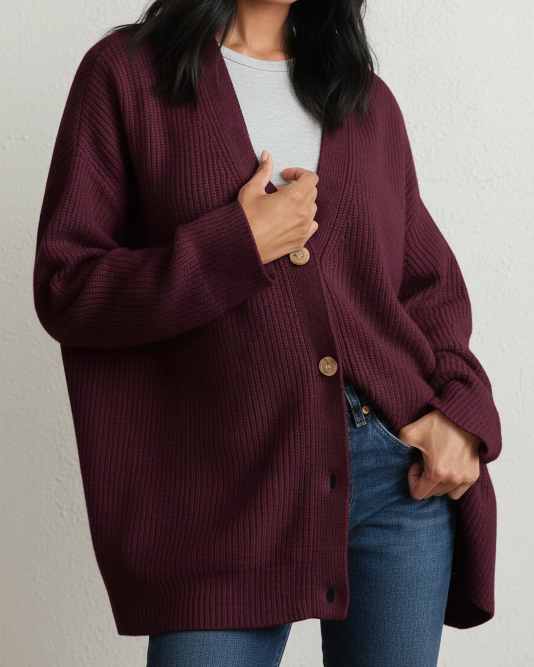 Dámský pletený kardigan z vlny, oversized, se zapínáním na knoflíky, otevřený přední díl