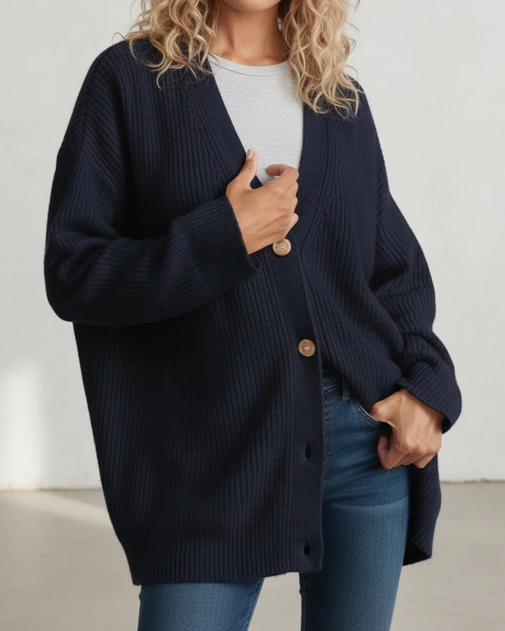 Dámský pletený kardigan z vlny, oversized, se zapínáním na knoflíky, otevřený přední díl