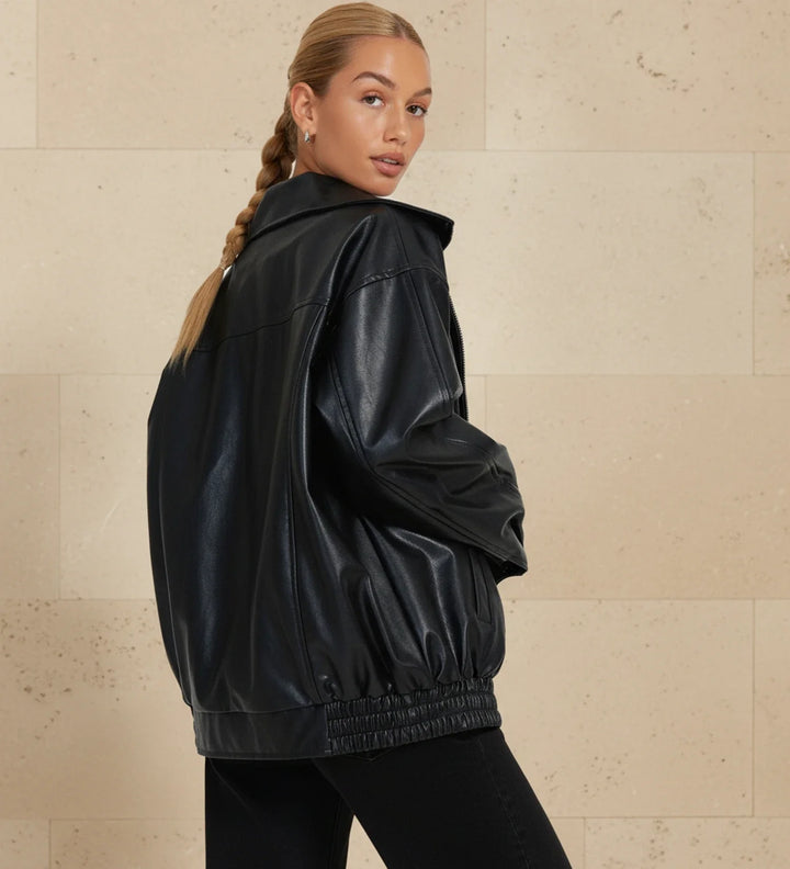 Women's Leather Bomber Jacket Oversized Zip Up Outerwear
