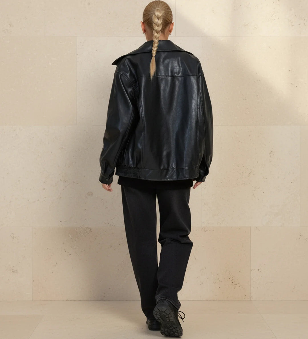 Women's Leather Bomber Jacket Oversized Zip Up Outerwear