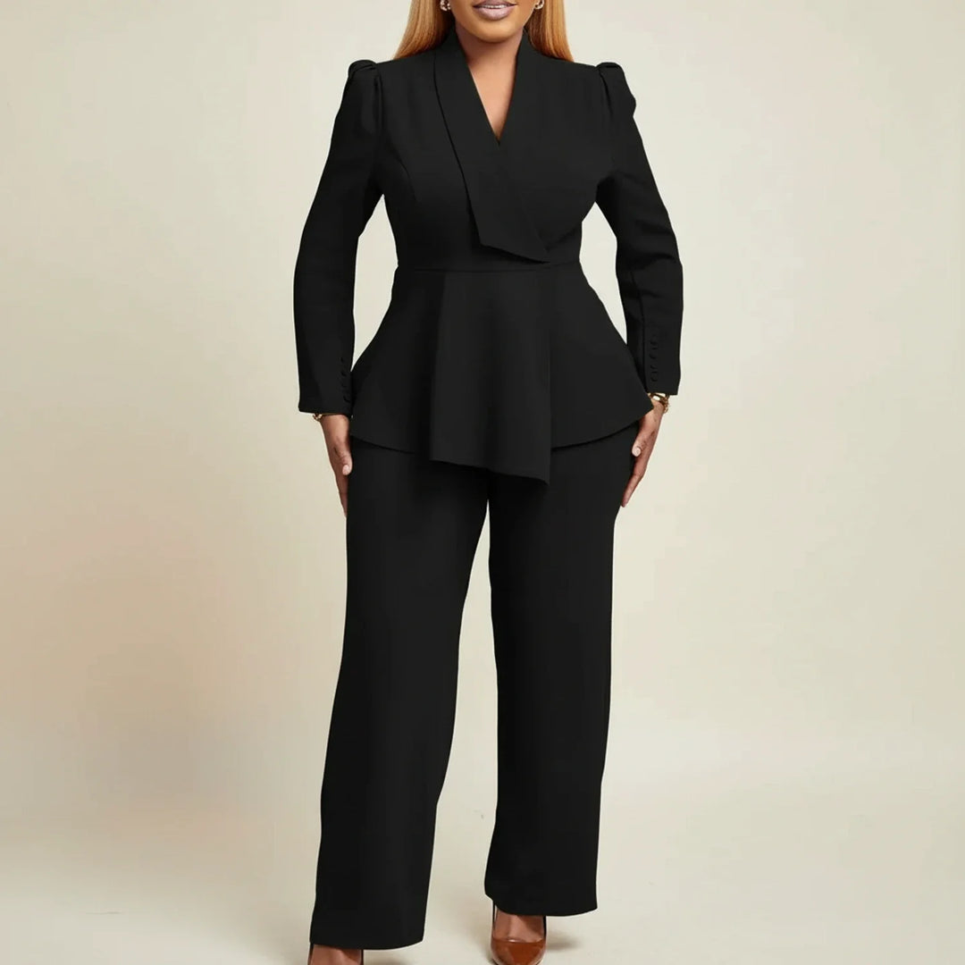 Women's Wool Pantsuit Peplum Blazer Trousers Two Piece Set