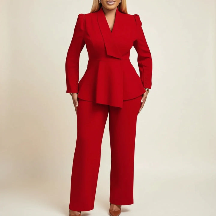 Women's Wool Pantsuit Peplum Blazer Trousers Two Piece Set