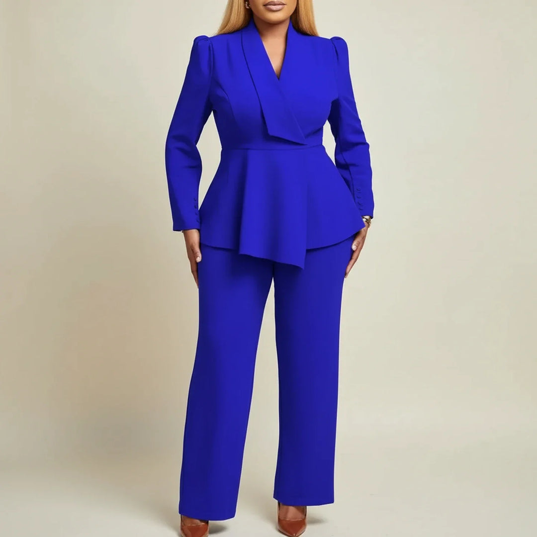 Women's Wool Pantsuit Peplum Blazer Trousers Two Piece Set