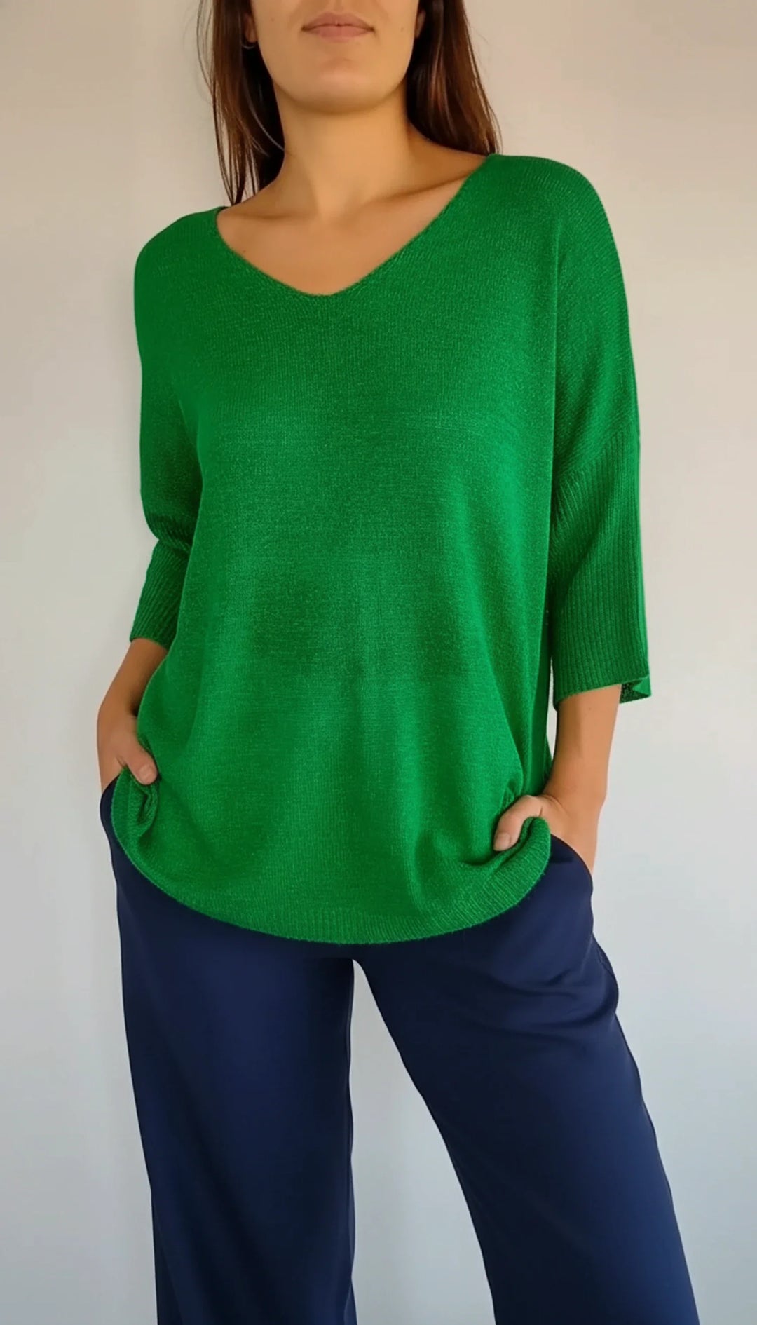 Women's Knit V-Neck Blouse Three-Quarter Sleeve Relaxed T-Shirt